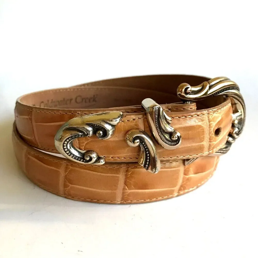 Vtg Coldwater Creek Croc Leather Western Belt Beige Tan Womens Size M L 32-36